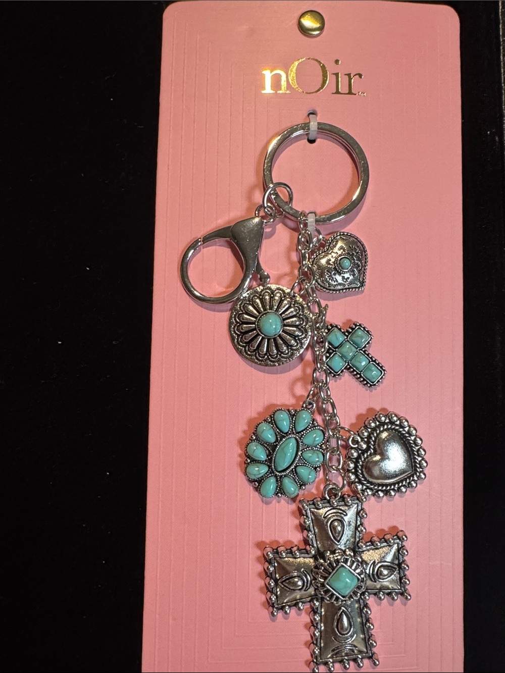 nOir Jewelry Silver-Tone Keychain with Turquoise Cross & Heart Charms